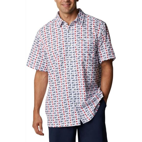 Columbia PFG Vented Fishing Shirt‎ Men's Shark Print Omni Wick Large - Picture 1 of 9